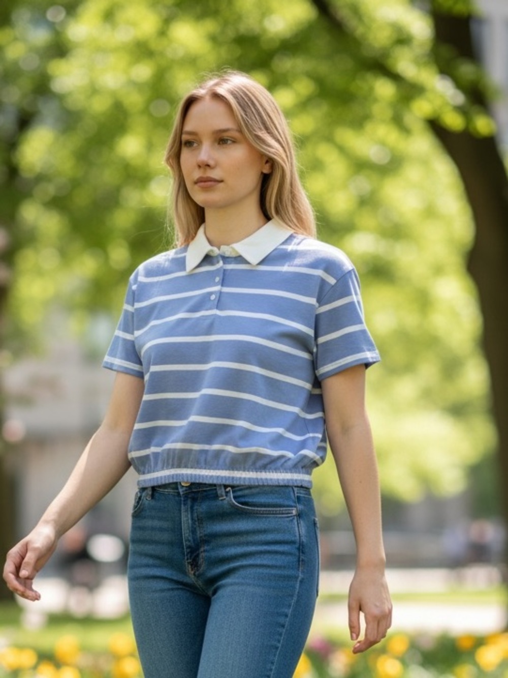 Crave Game Women’s Striped Polo Crop Top – Blue & White, Size S, M. NWT